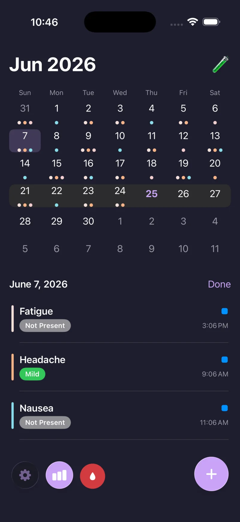 Symptora's home screen: a month calendar with colored dots on the days you logged, and a selected day showing Fatigue, Headache, and Nausea entries with severity labels and the time of each.