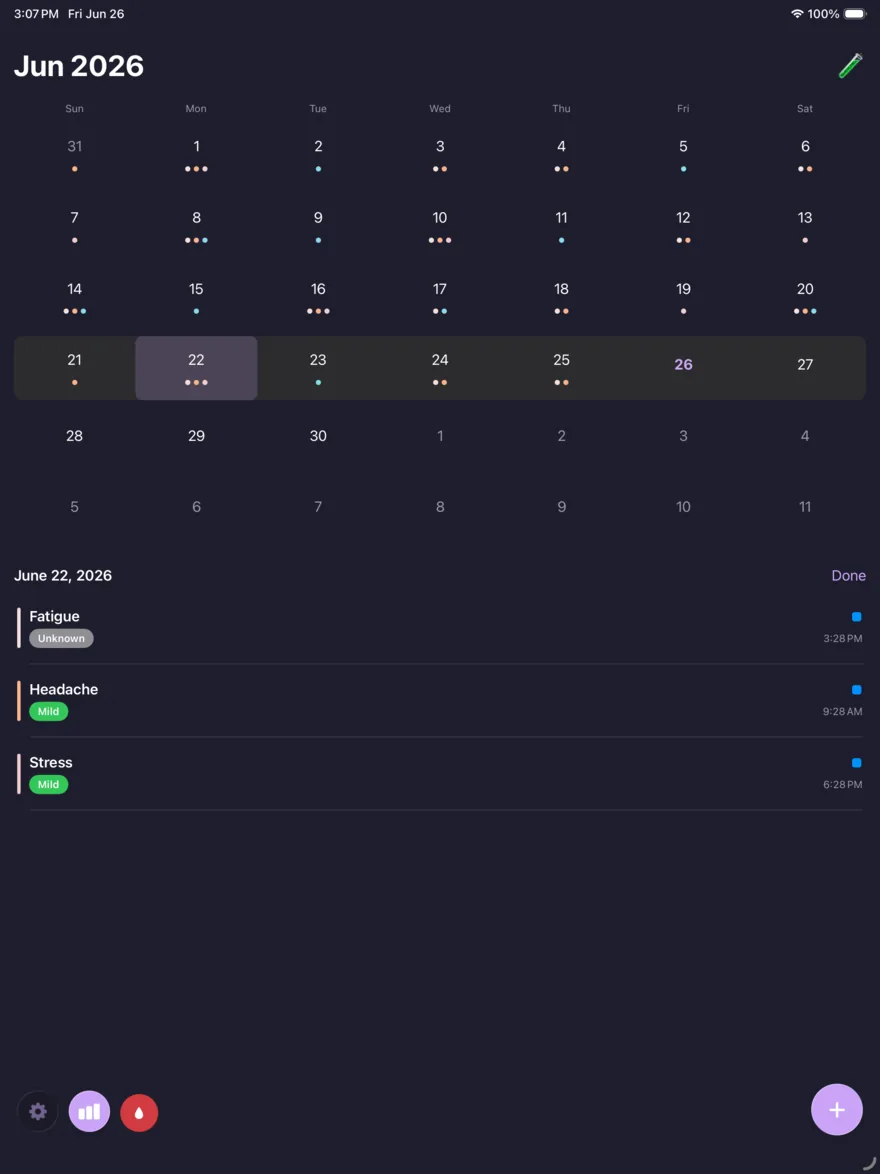 Symptora running on iPad: a full-width month calendar with colored symptom dots, and the selected day's Fatigue, Headache, and Stress entries listed below with severity and times.