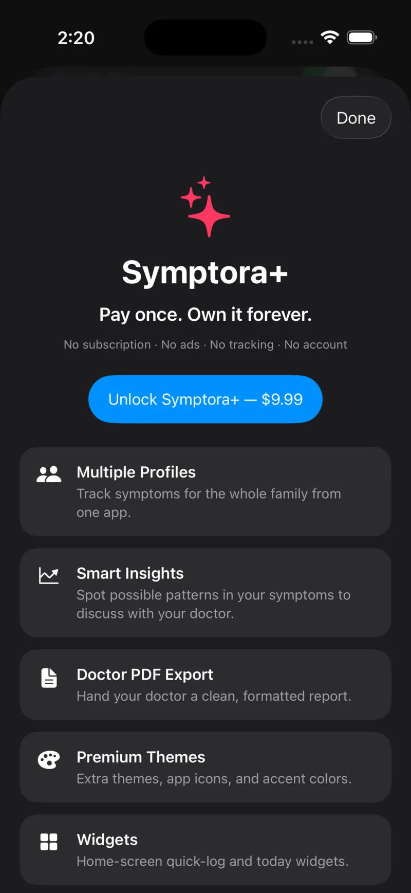 The Symptora Plus screen: pay once, own it forever, with no subscription, ads, tracking, or account — unlocking multiple profiles, smart insights, doctor PDF export, premium themes, and widgets.
