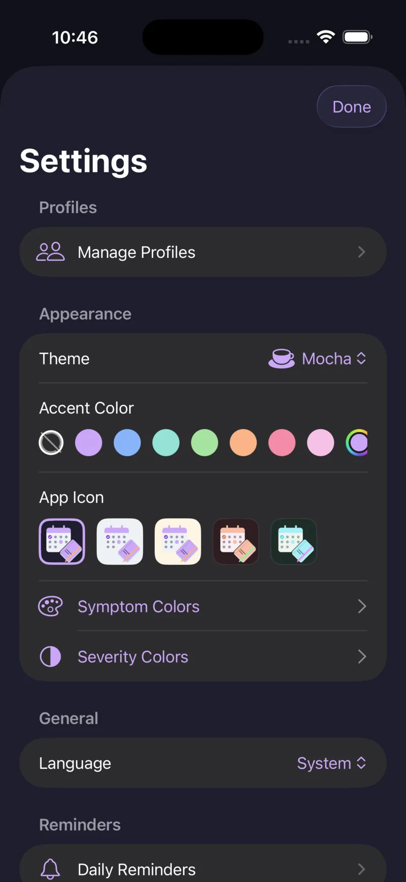Symptora's settings screen: the theme set to Mocha, a row of accent-color choices, a row of alternate app icons, and options for symptom colors and severity colors.